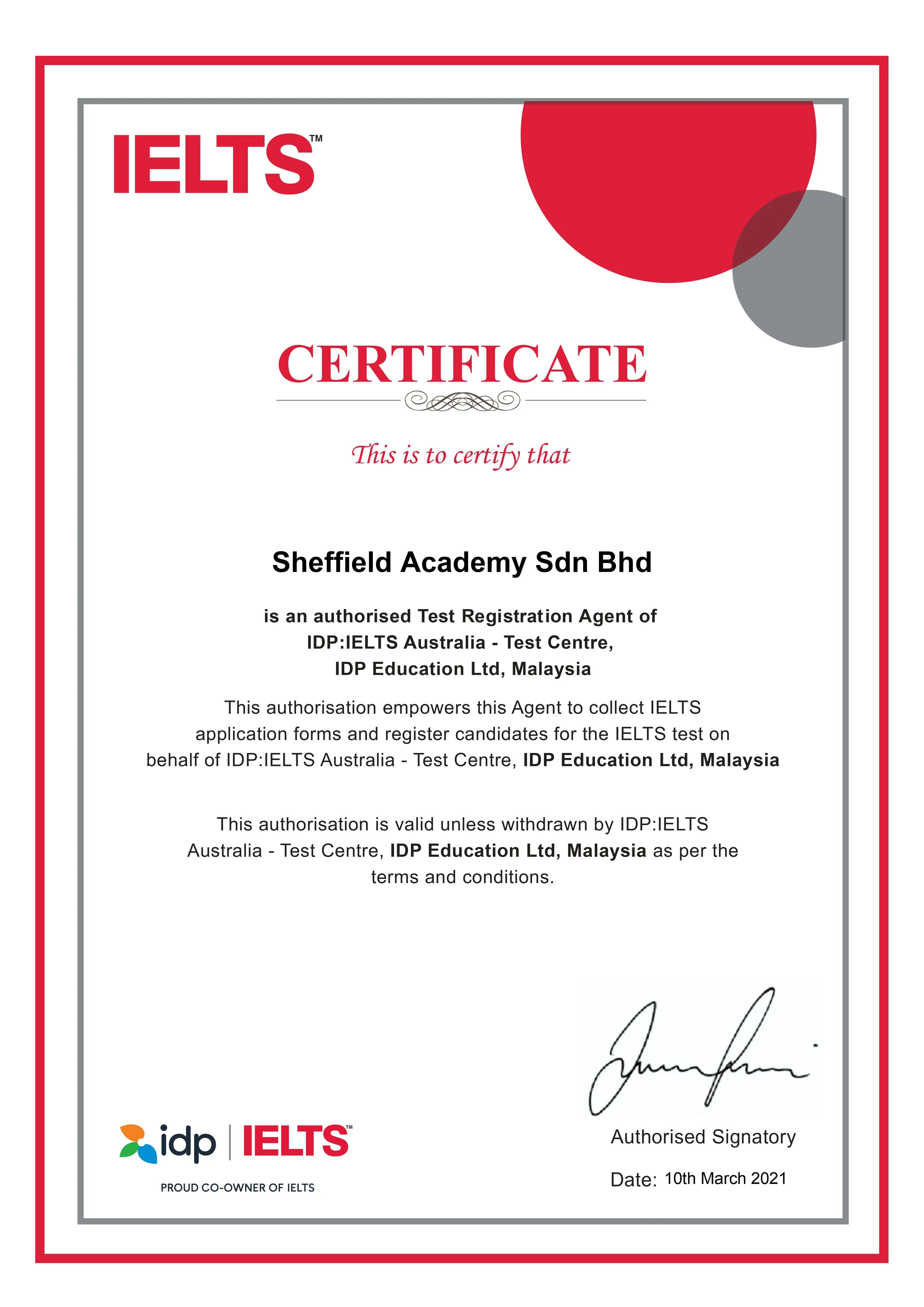 Sheffield Certificate Of Authorised Partner By IDP IELTS Australia